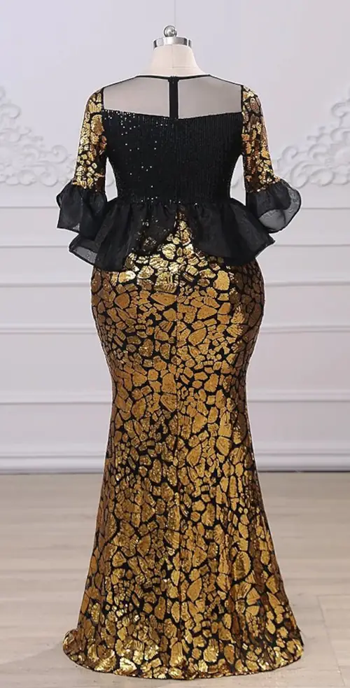 Dlouhé zlaté společenské pozdrové XXL šaty