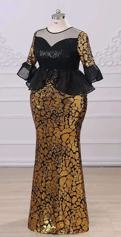 Zlaté flitrové večerní šaty s černými volánky